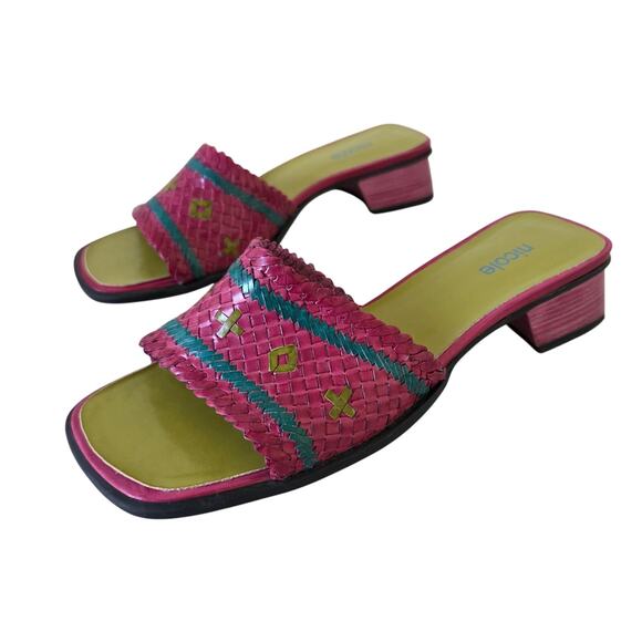 Nicole Pink Teal Woven Leather Slide Sandals Womens Size 6.5M Made in Brazil - Picture 1 of 10